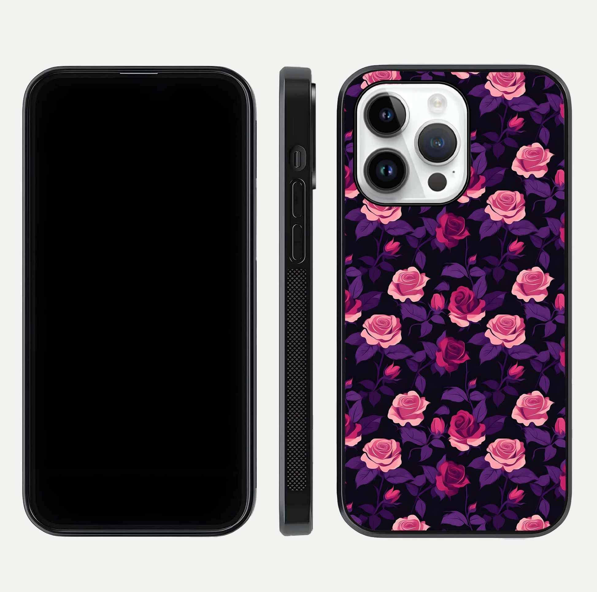 Rose Garden Twilight Glass Case for iPhone 14 Pro front & back layout showing rich twilight tones and edges