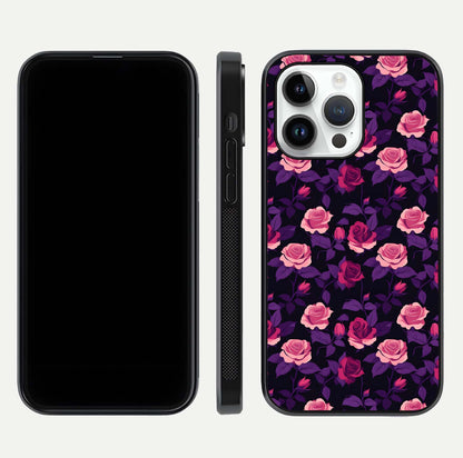 Rose Garden Twilight Glass Case for iPhone 14 Pro front & back layout showing rich twilight tones and edges