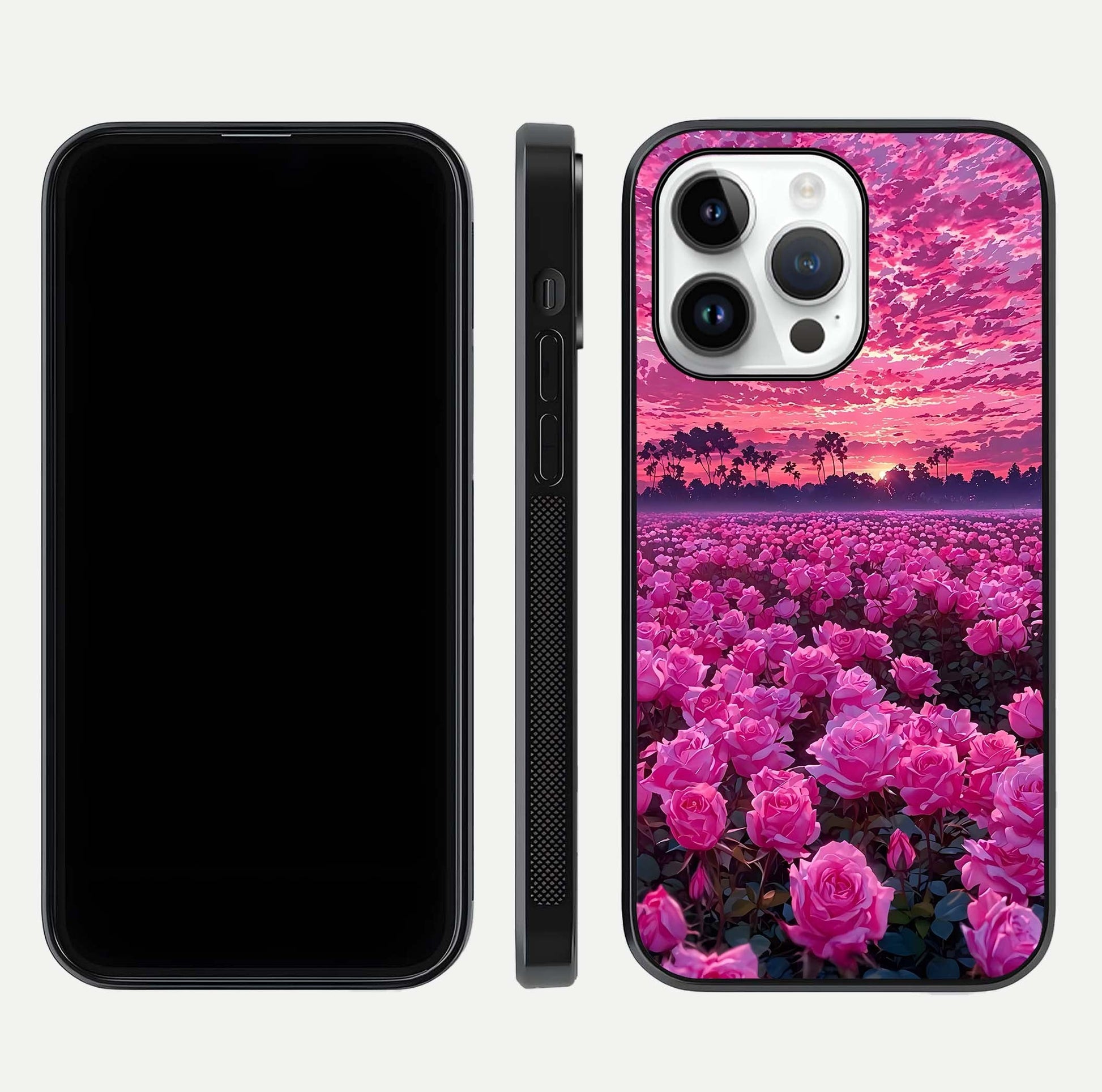 Rose Sunset Valley Glass Case for iPhone 14 Pro front & back layout highlighting gradient tones and glass shine