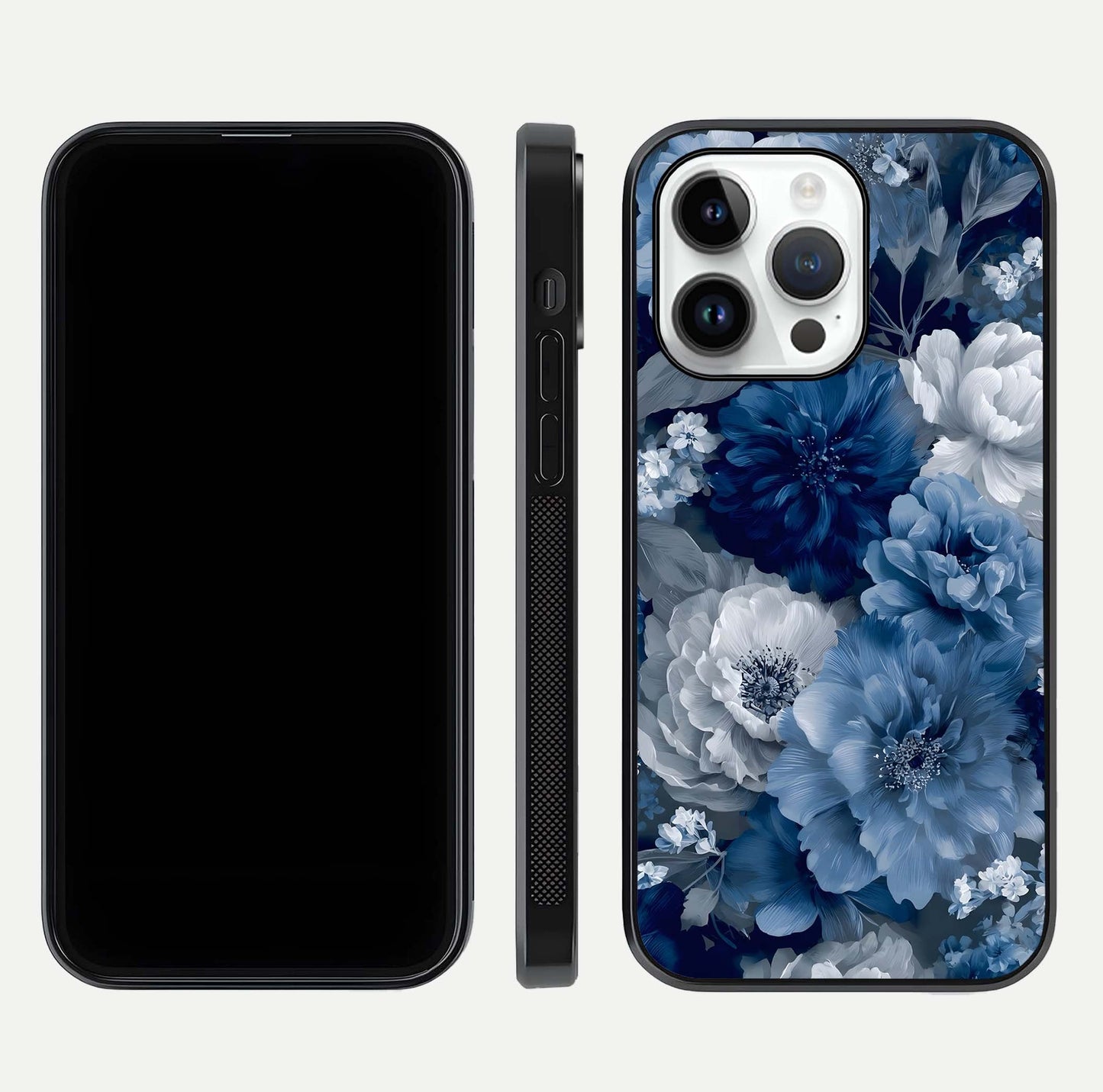 Royal Bloom Garden Glass Case for iPhone 14 Pro front & back layout showing soft tones and curved glass design