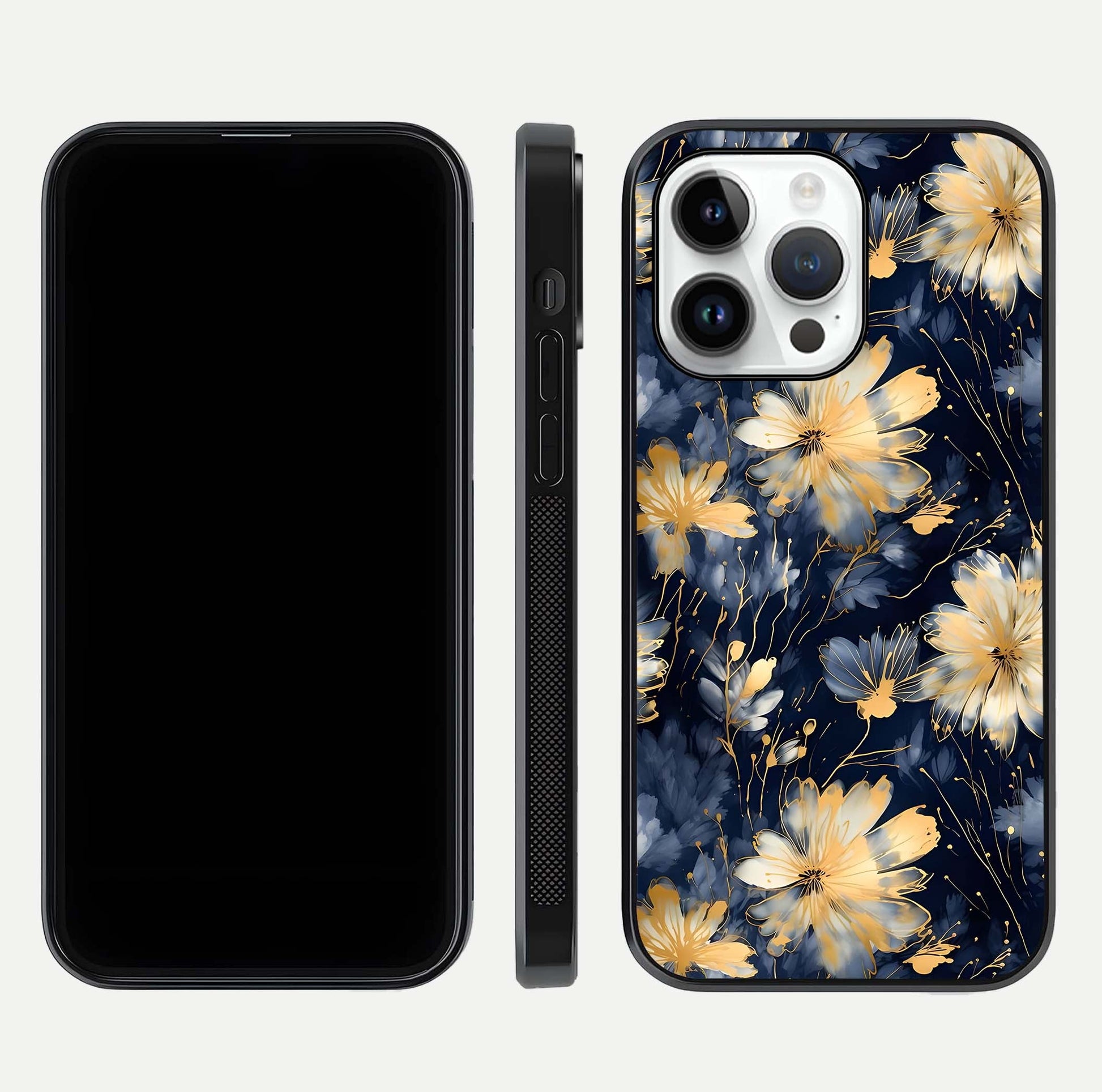 Royal Petal Dream Glass Case for iPhone 14 Pro front & back layout showing floral pattern and clean edge finish