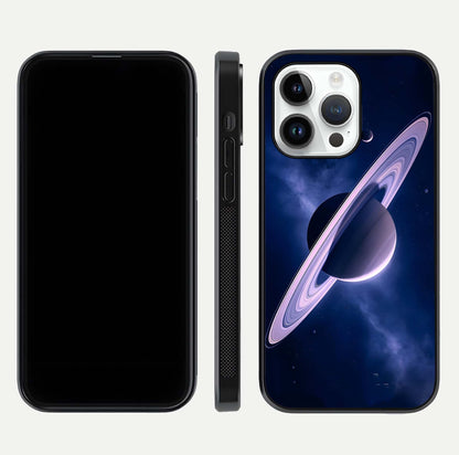 Saturn Ring Mystique Glass Case for iPhone 14 Pro front & back layout showing cosmic tones and edge glow