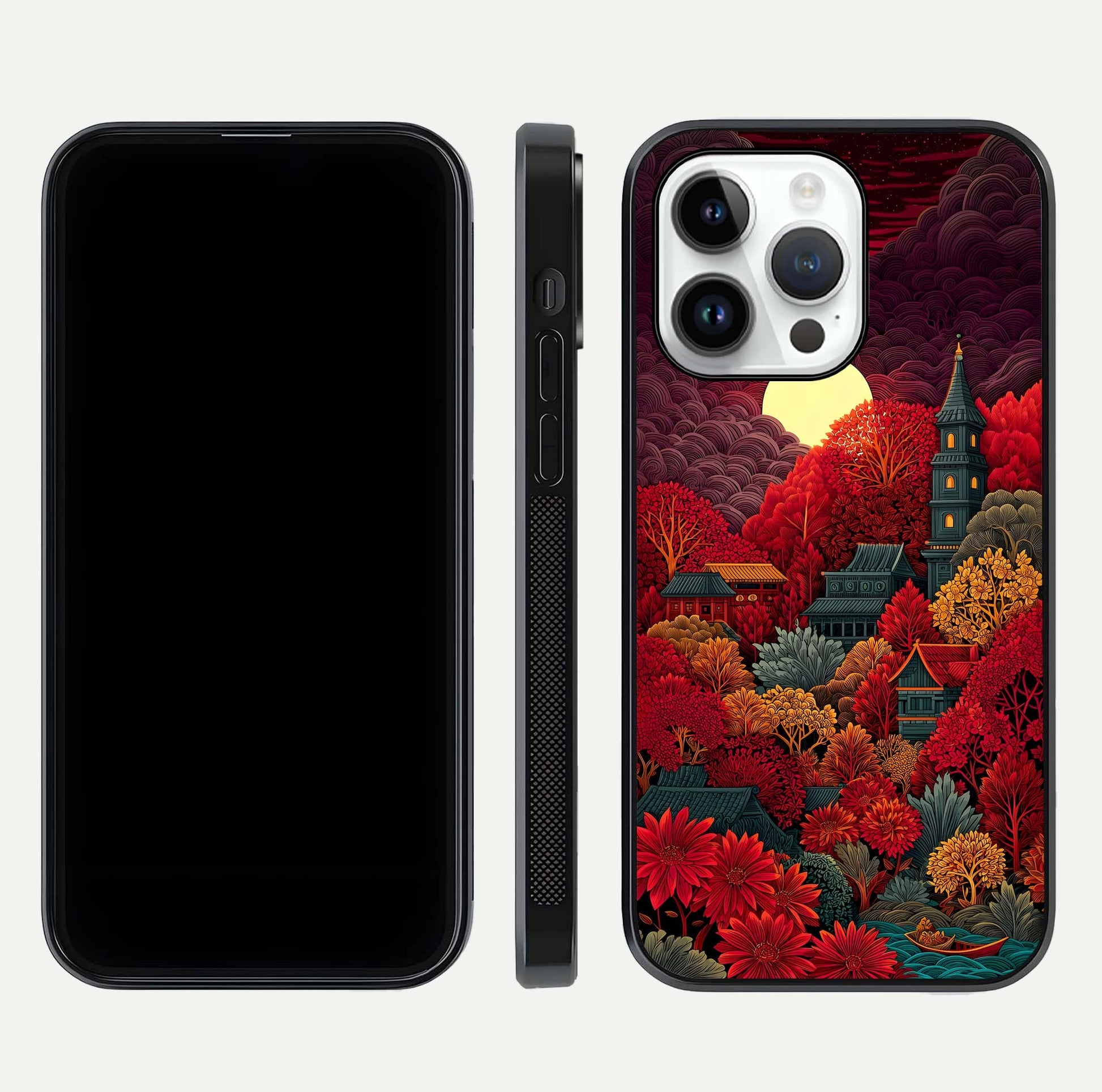 Scarlet Autumn Temple Glass Case for iPhone 14 Pro front & back layout showing scenic tones and curved edges
