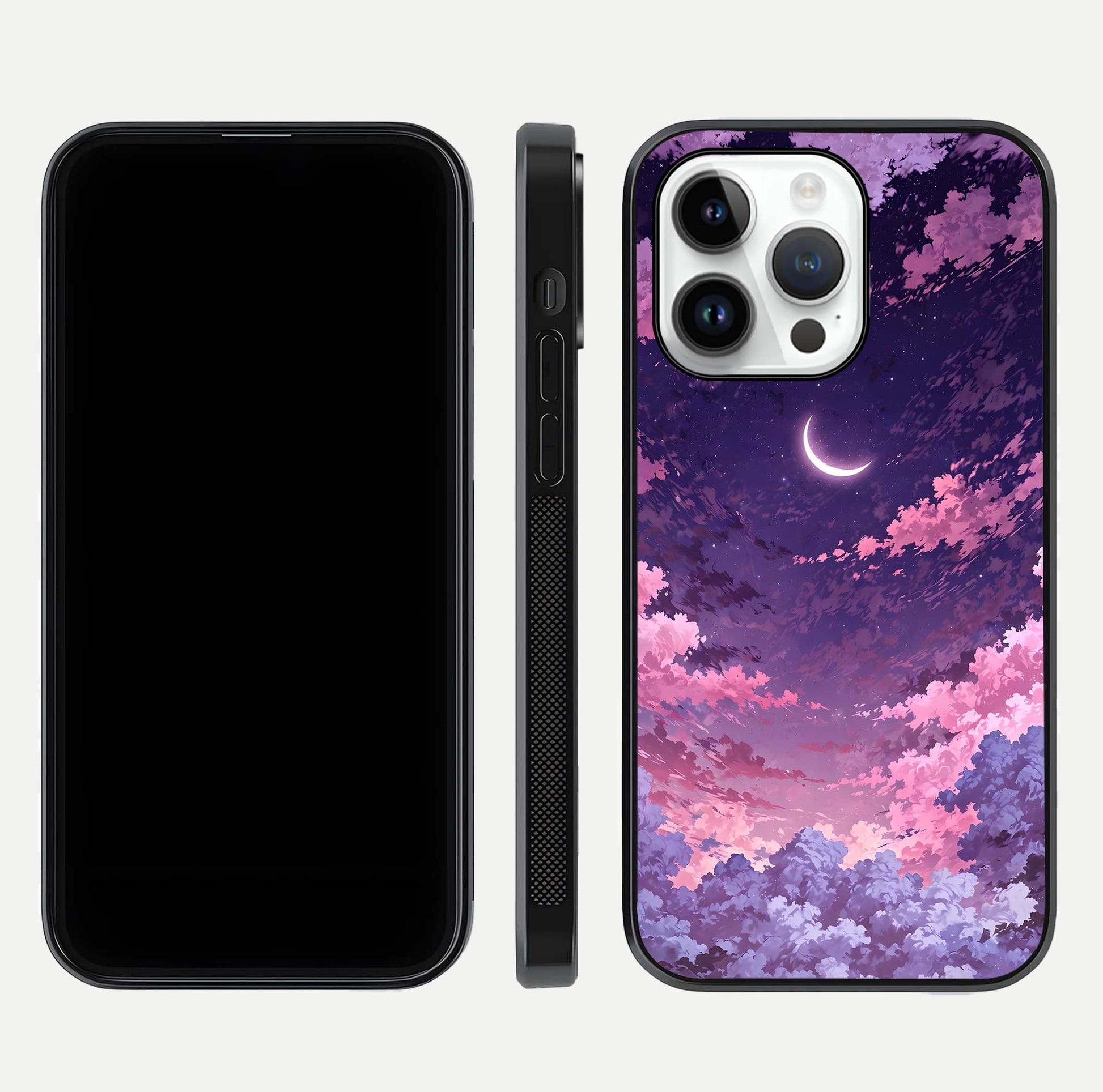 Sky Drift Clouds Glass Case for iPhone 14 Pro front & back layout showing sky tones and smooth edge design