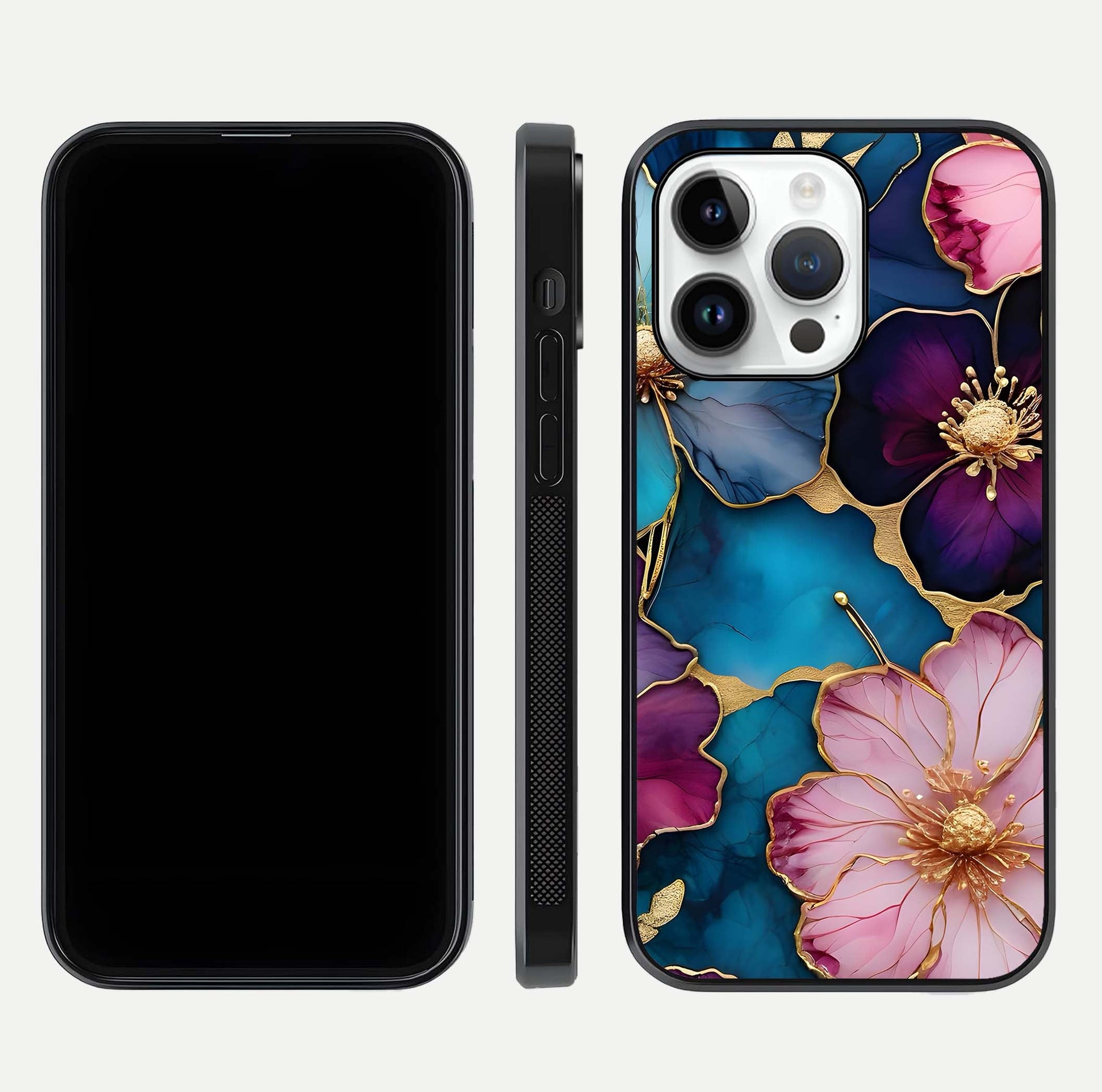 Sparkle Floral Glass Case for iPhone 14 Pro front & back layout showing floral print and edge clarity