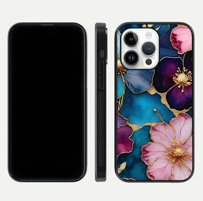 Sparkle Floral Glass Case for iPhone 14 Pro front & back layout showing floral print and edge clarity