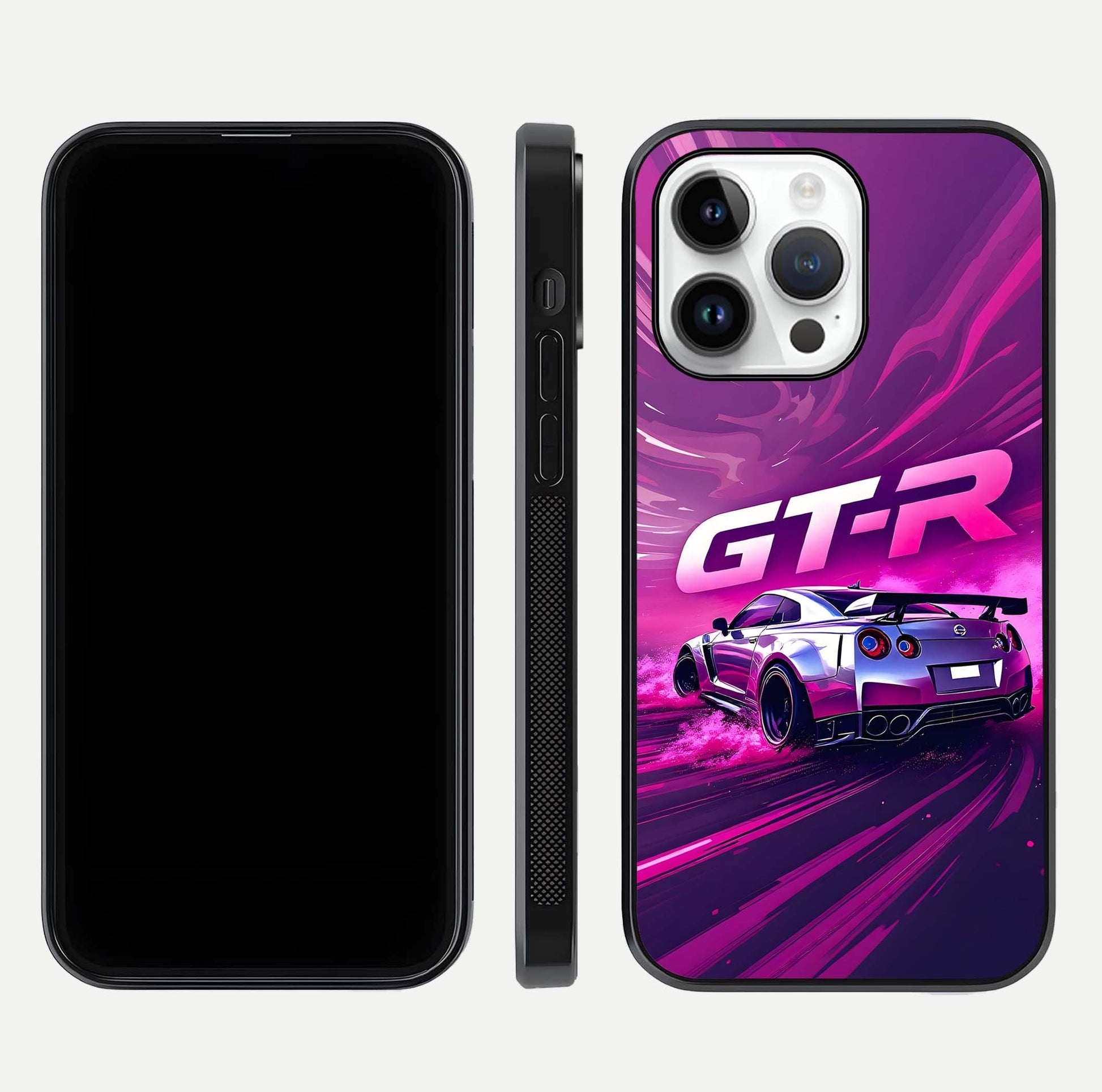 Speed Drift Legend Glass Case for iPhone 14 Pro front & back layout showing bold tones and smooth edges