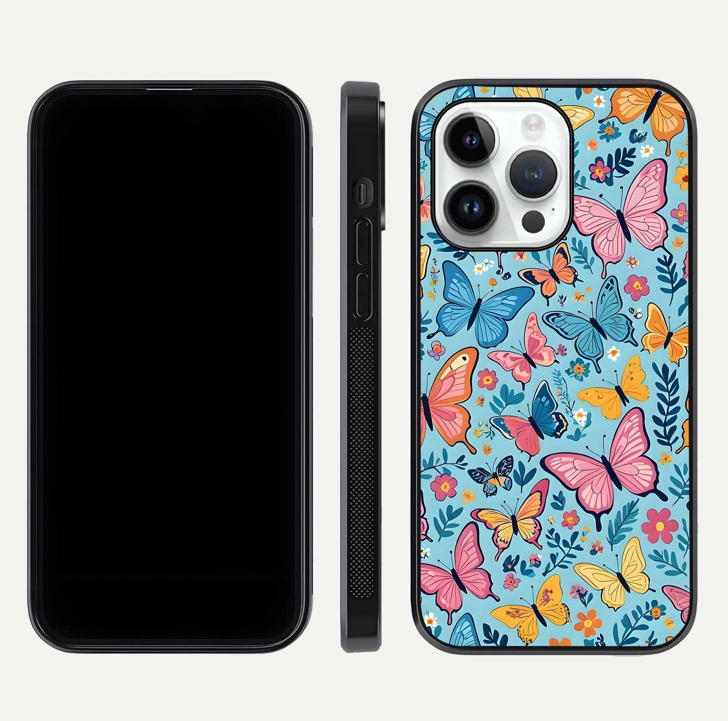 Spring Wing Garden Glass Case for iPhone 14 Pro front & back layout showing soft tones and elegant glass design