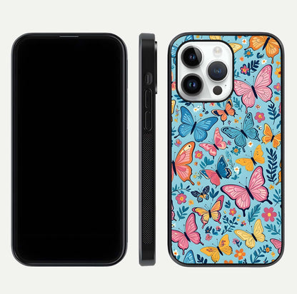 Spring Wing Garden Glass Case for iPhone 14 Pro front & back layout showing soft tones and elegant glass design