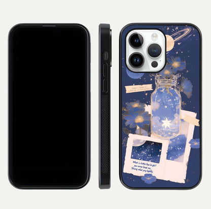 Starlit Cosmic Jar Glass Case for iPhone 14 Pro front & back layout showing cosmic pattern and curved glass edge