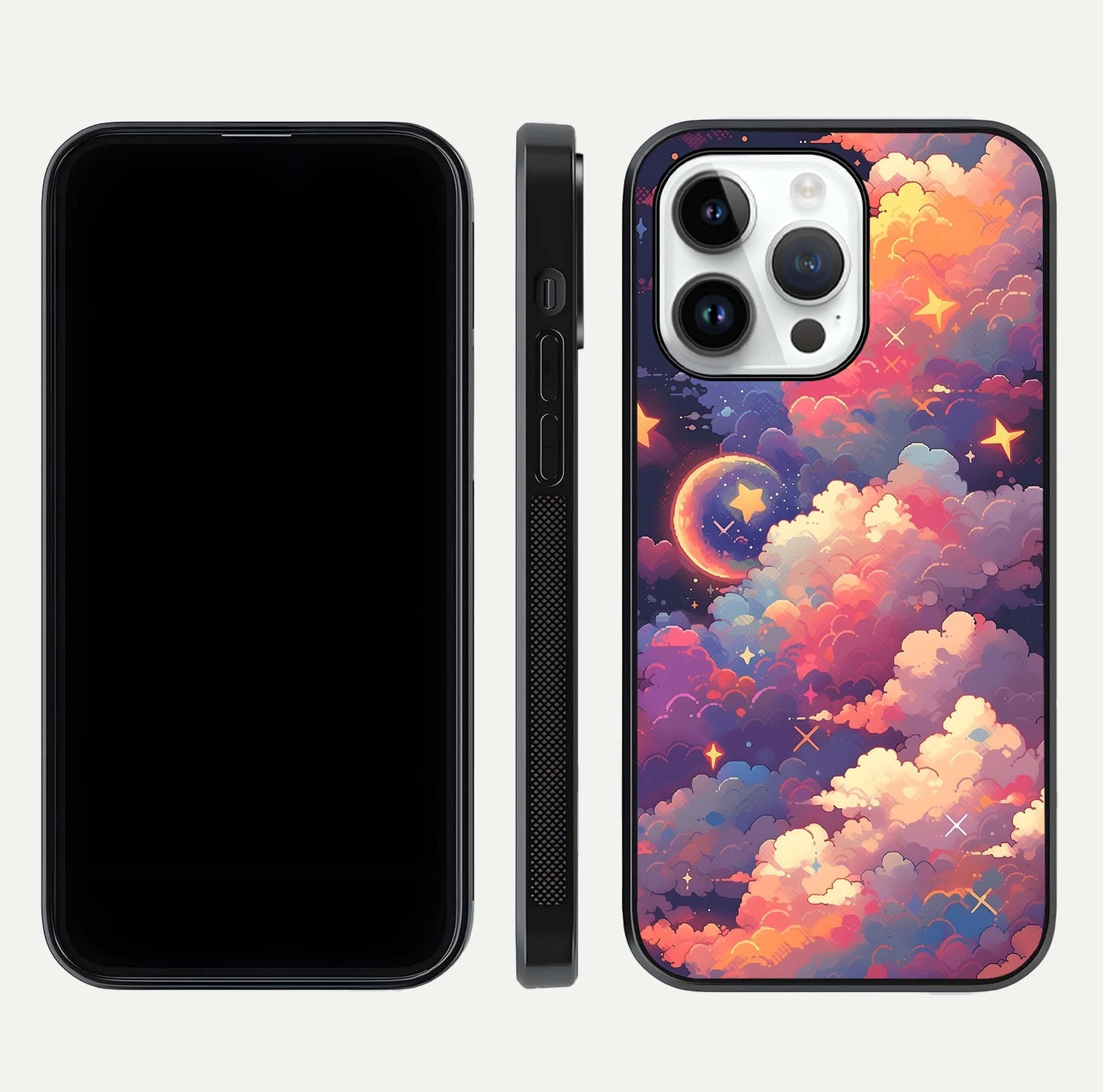 Starlit Dream Clouds Glass Case for iPhone 14 Pro front & back layout showing gradient tones and smooth edge