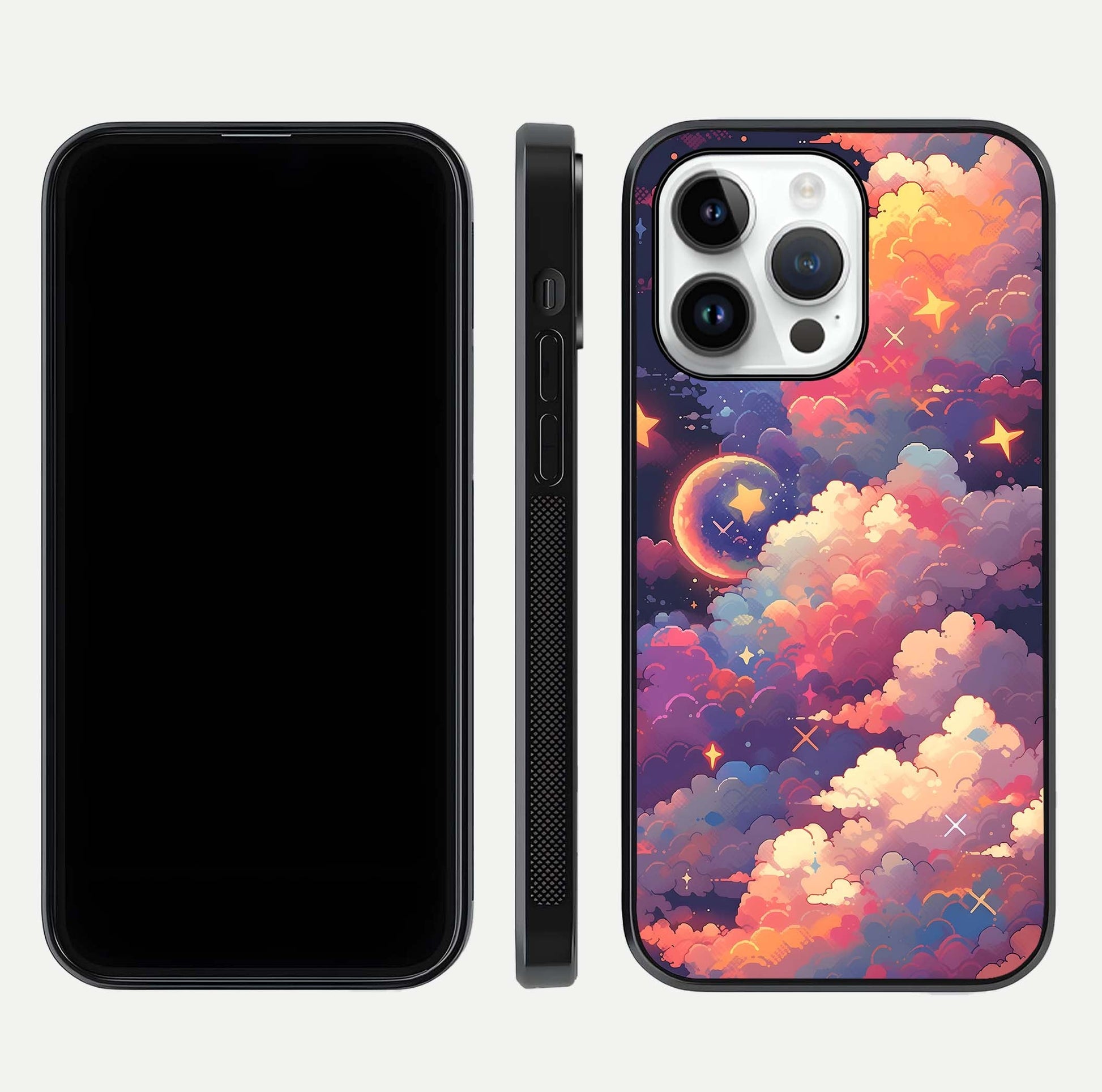 Starlit Dream Clouds Glass Case for iPhone 14 Pro front & back layout showing gradient tones and smooth edge
