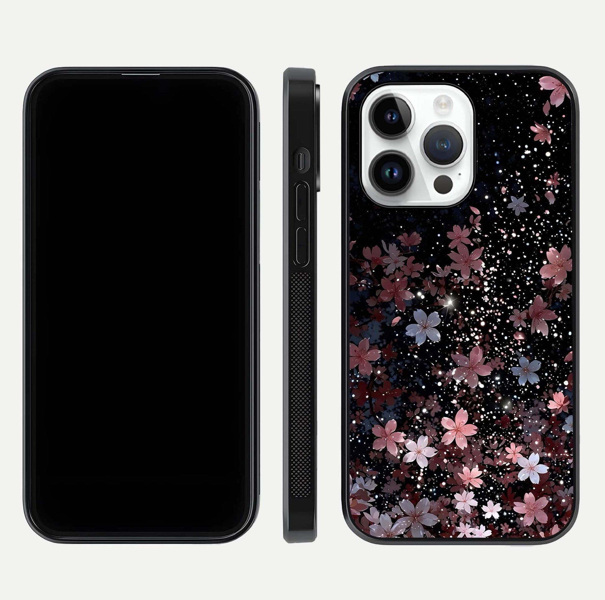 Starlit Flower Dreams Glass Case for iPhone 14 Pro front & back layout showing soft bloom design and curved edge