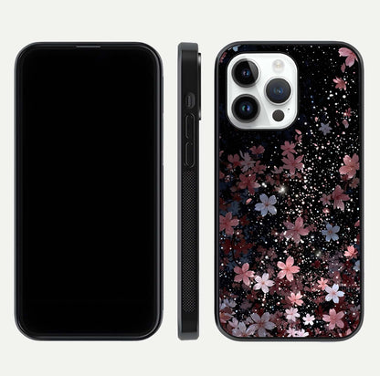 Starlit Flower Dreams Glass Case for iPhone 14 Pro front & back layout showing soft bloom design and curved edge
