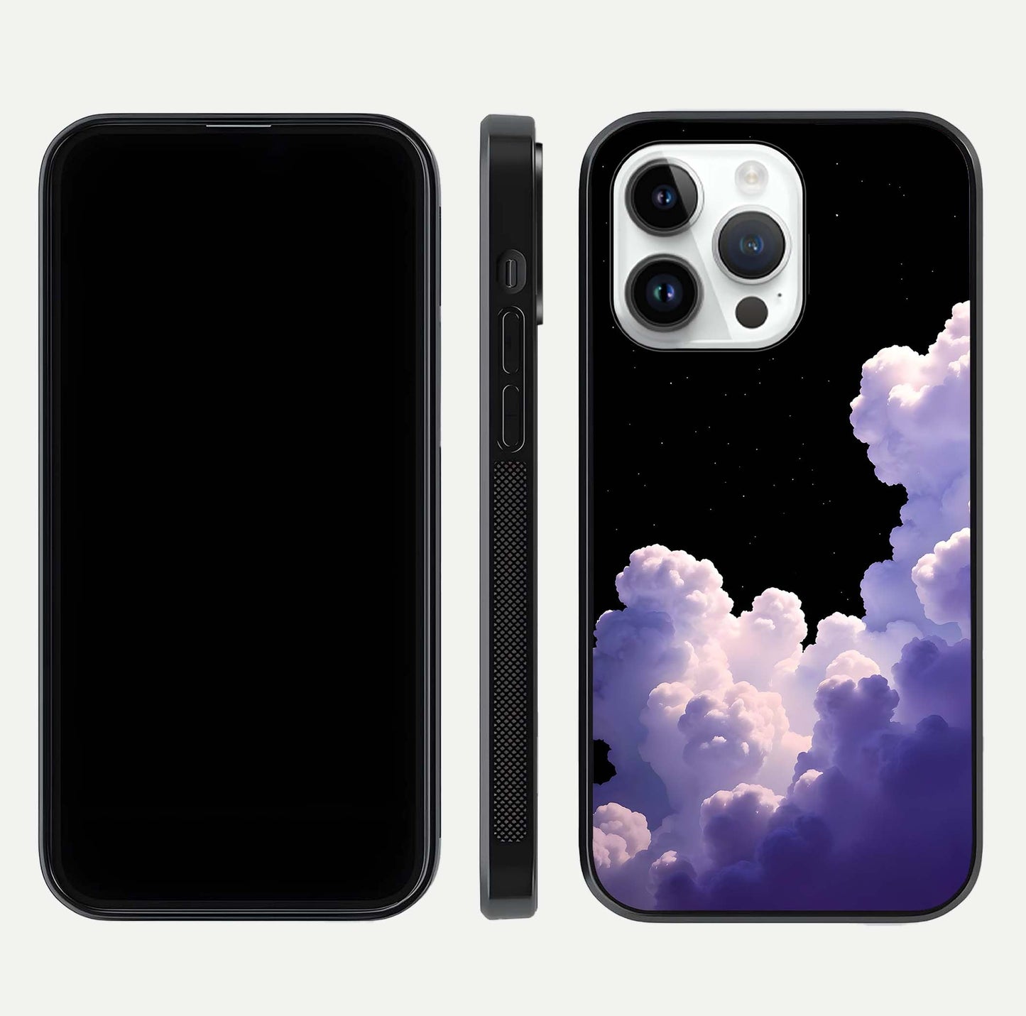 Starlit Night Whispers Glass Case for iPhone 14 Pro front & back layout showing moon tones and curved edges