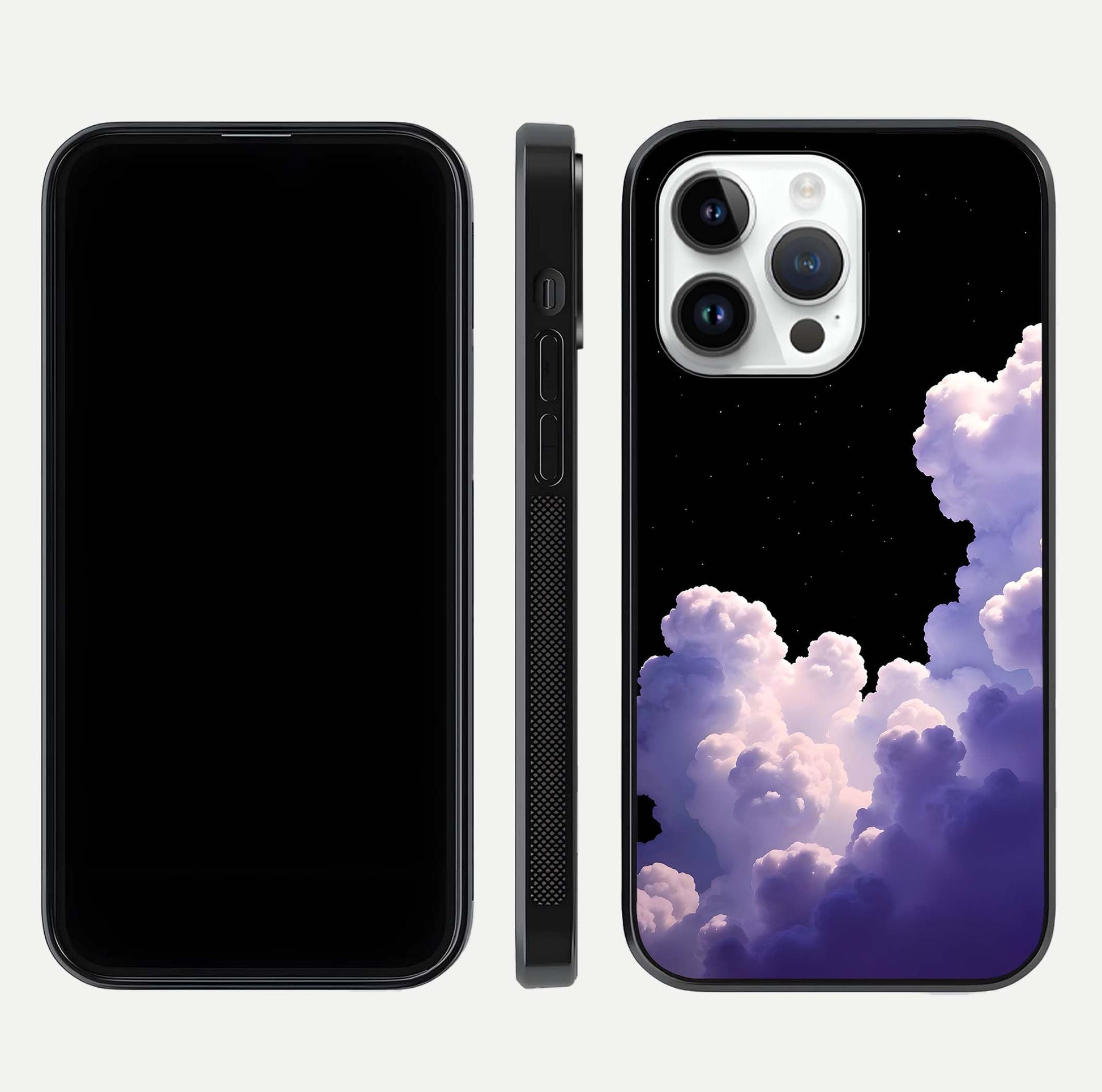 Starlit Night Whispers Glass Case for iPhone 14 Pro front & back layout showing moon tones and curved edges