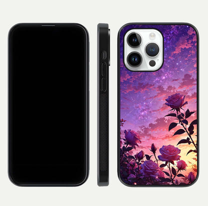 Starlit Rose Twilight Glass Case for iPhone 14 Pro front & back layout showing floral blend and glossy edge