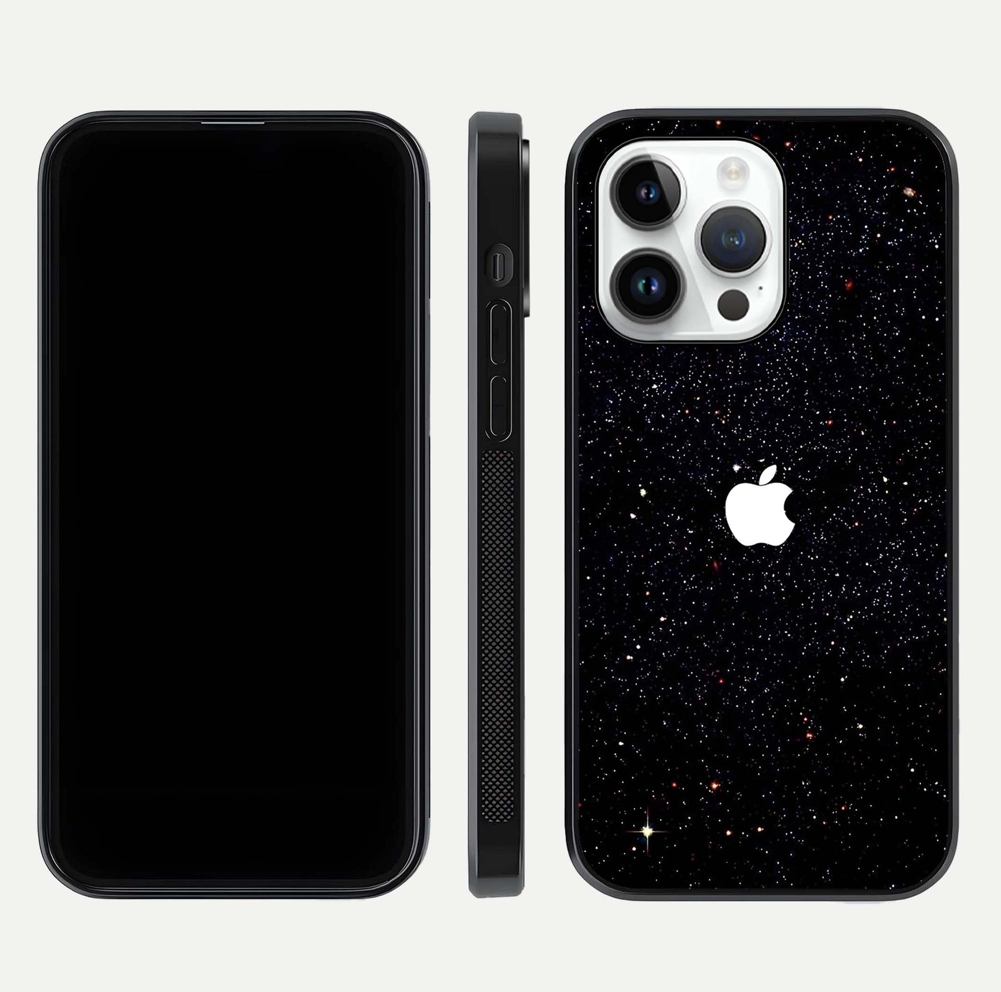 Starry Apple Galaxy Glass Case for iPhone 14 Pro front & back layout showing cosmic tones and sleek edge