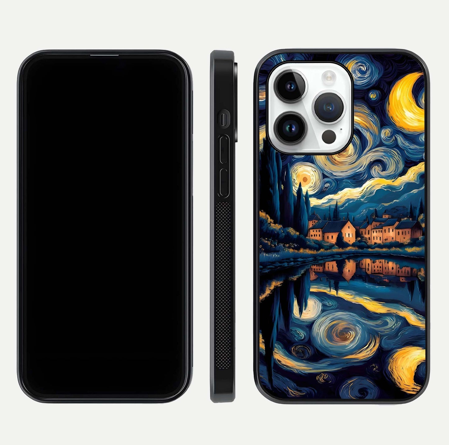 Starry Sky Serenity Glass Case for iPhone 14 Pro front & back layout showing stars and curved glass edges