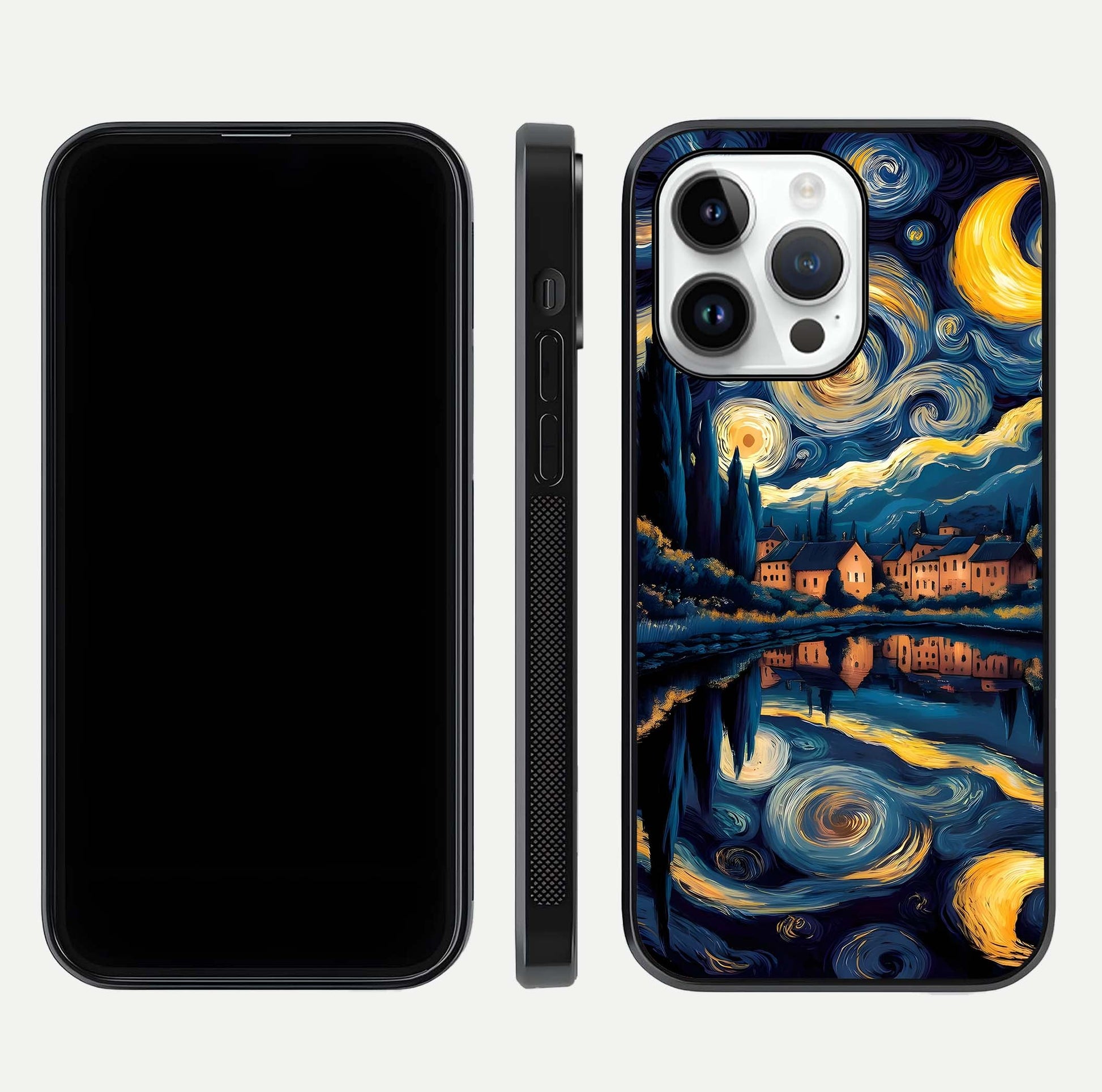 Starry Sky Serenity Glass Case for iPhone 14 Pro front & back layout showing stars and curved glass edges