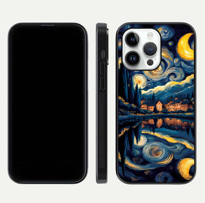 Starry Sky Serenity Glass Case for iPhone 14 Pro front & back layout showing stars and curved glass edges