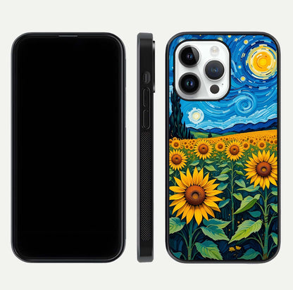 Starry Sunflower Dreams Glass Case for iPhone 14 Pro front & back layout showing floral blend and edge detail