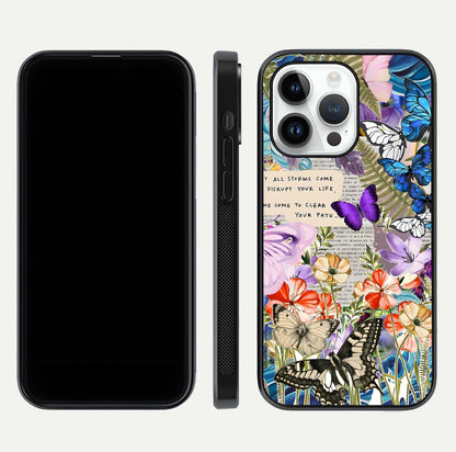 Storm Path Bloom Glass Case for iPhone 14 Pro front & back layout showing moody floral blend and edges