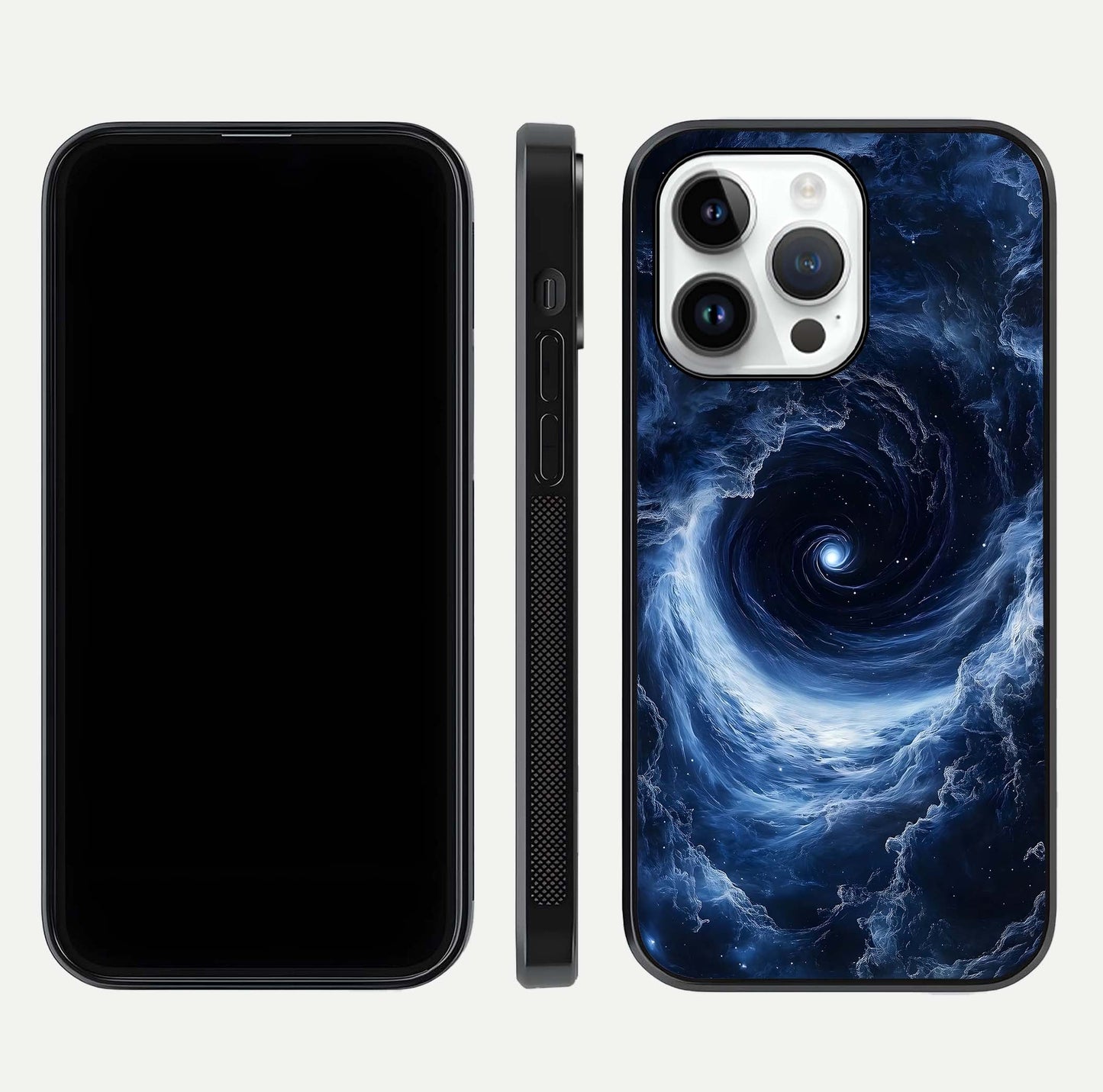 Stunning Galaxy Glass Case for iPhone 14 Pro front & back layout showing deep cosmic hues and clean edges
