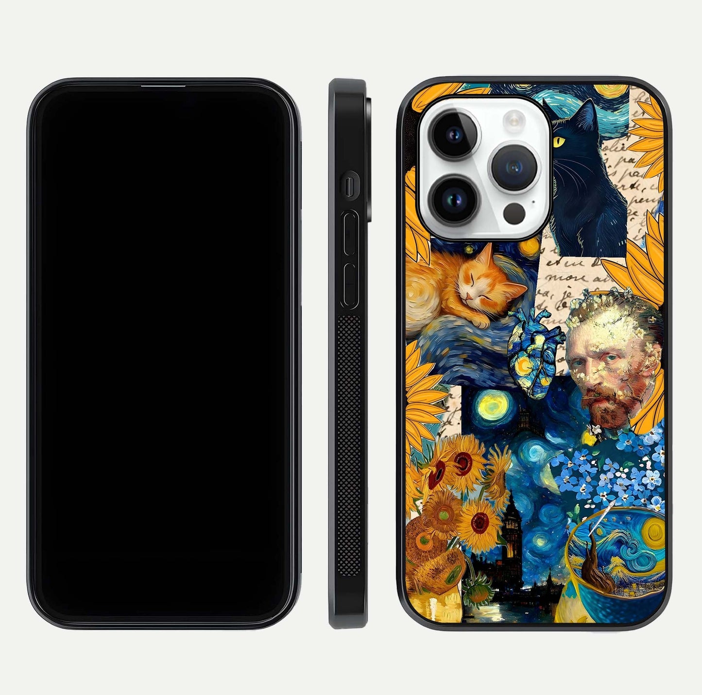 Sunflower Cat Art Glass Case for iPhone 14 Pro front & back layout showing detailed floral cat design and edges