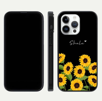 Sunflower Chic Mood Custom Name Glass Case for iPhone 16 Pro front & back layout highlighting custom text zone and shine