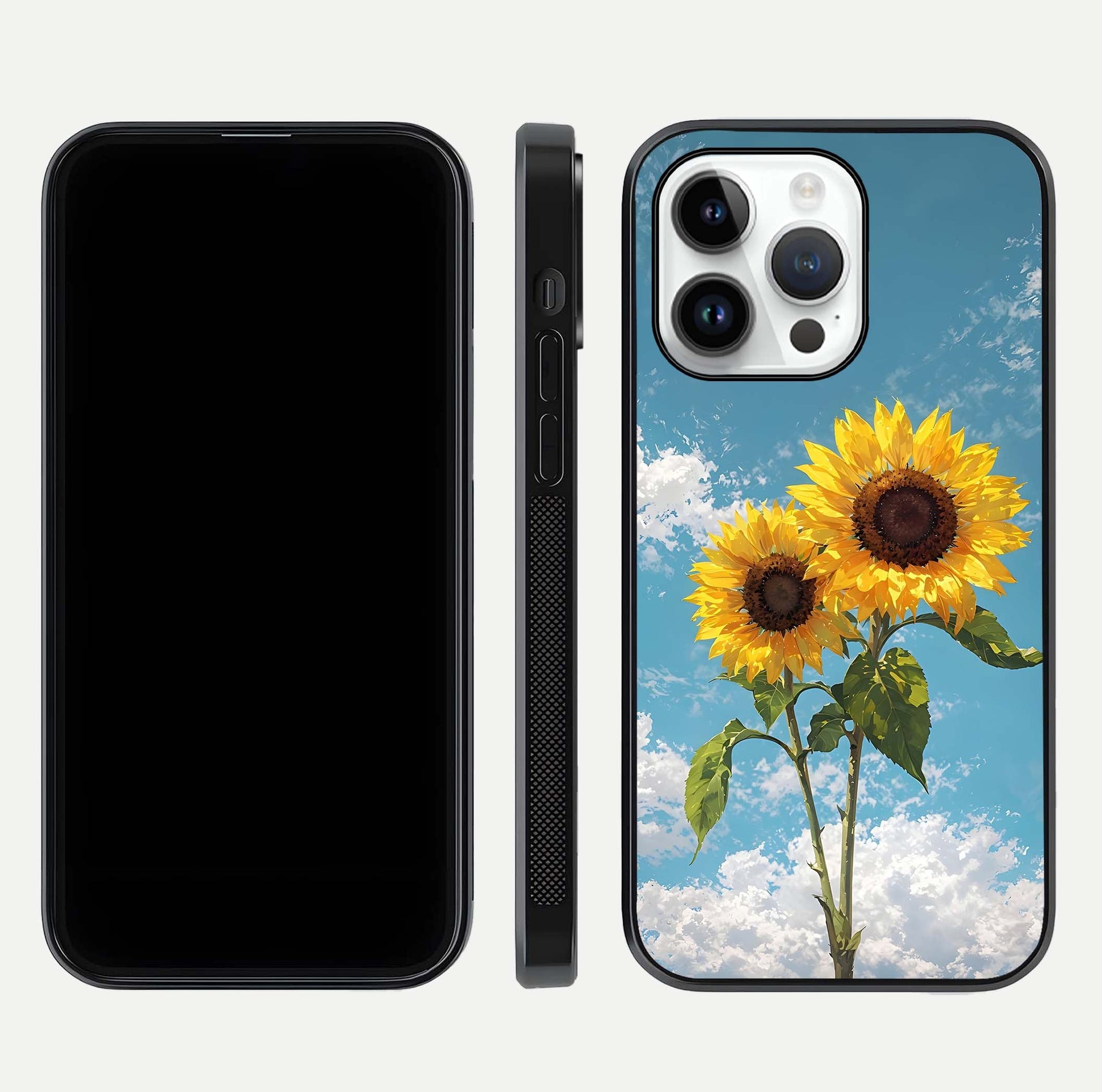 Sunflower Sky Bloom Glass Case for iPhone 14 Pro front & back layout showing soft blue tones and flower contrast