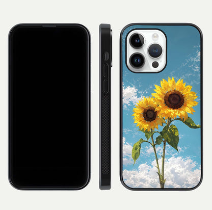 Sunflower Sky Bloom Glass Case for iPhone 14 Pro front & back layout showing soft blue tones and flower contrast