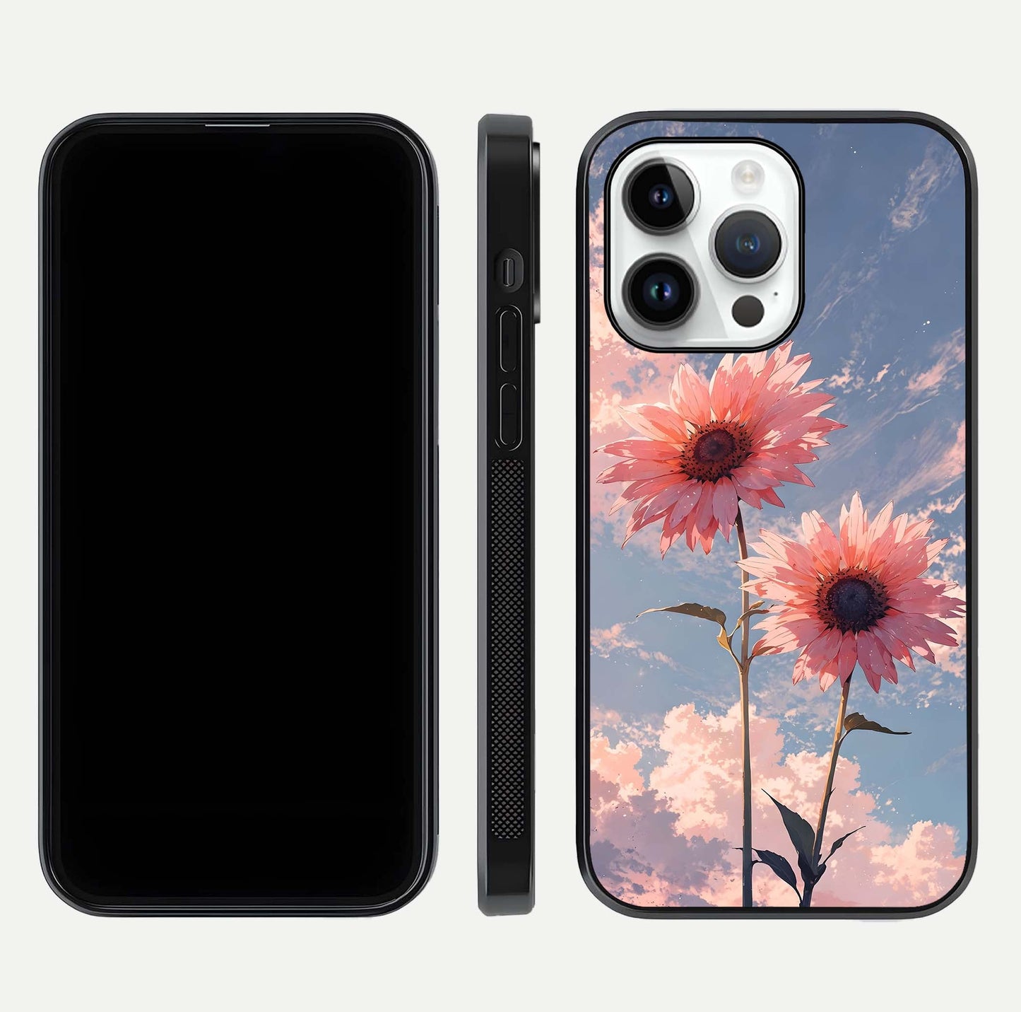 Sunlit Daisy Glow Glass Case for iPhone 14 Pro front & back layout showing vibrant sunlight hues and clean edge