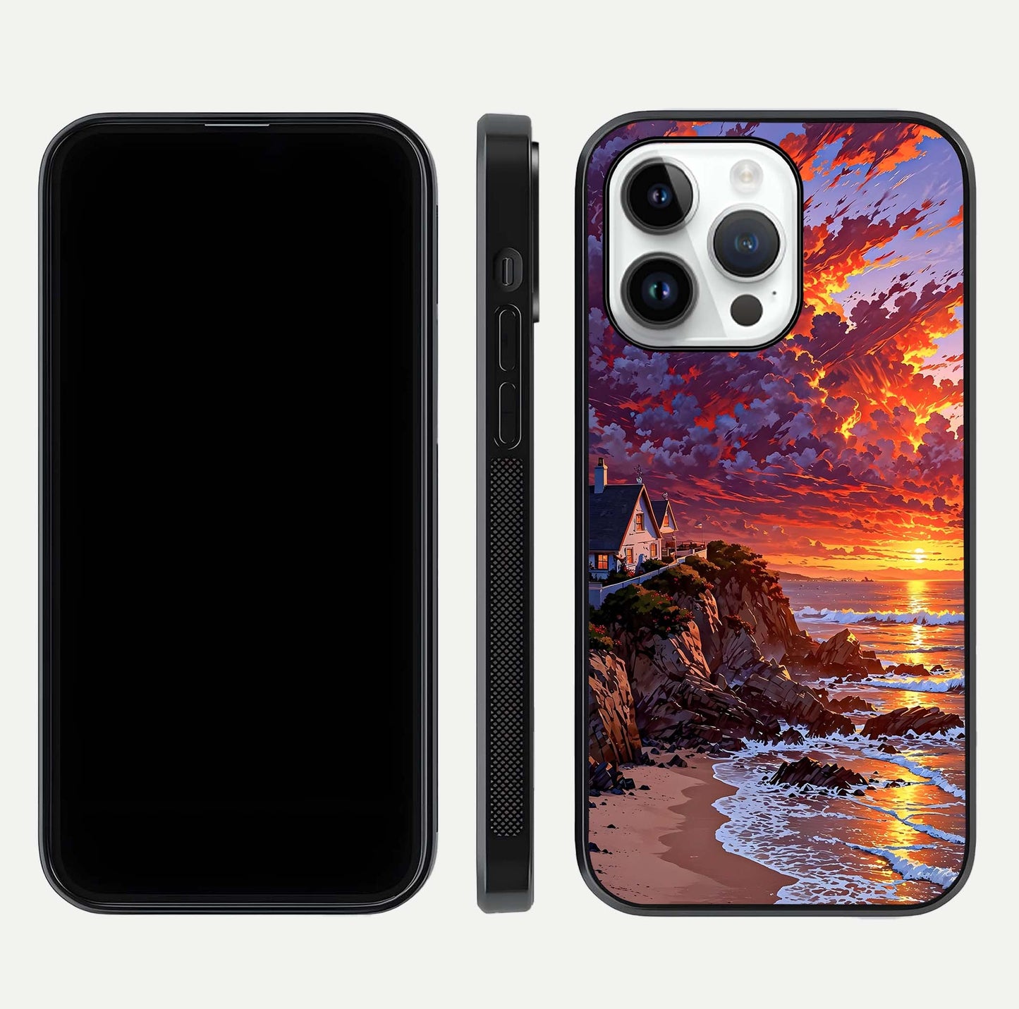 Sunset House by Sea Glass Case for iPhone 14 Pro front & back layout showing scenic gradient and curved edge