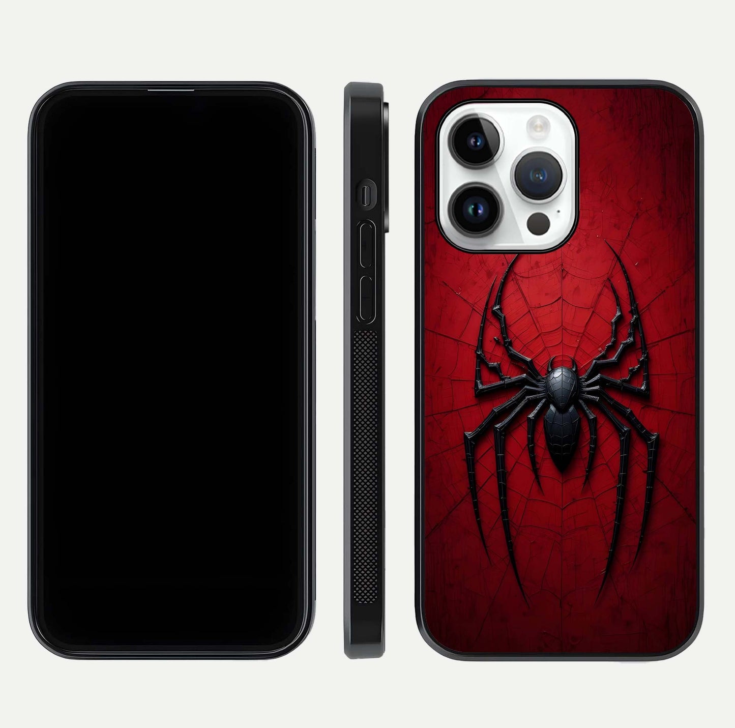 Venom Web Emblem Glass Case for iPhone 14 Pro front & back layout showing contrast art and curved glass edges