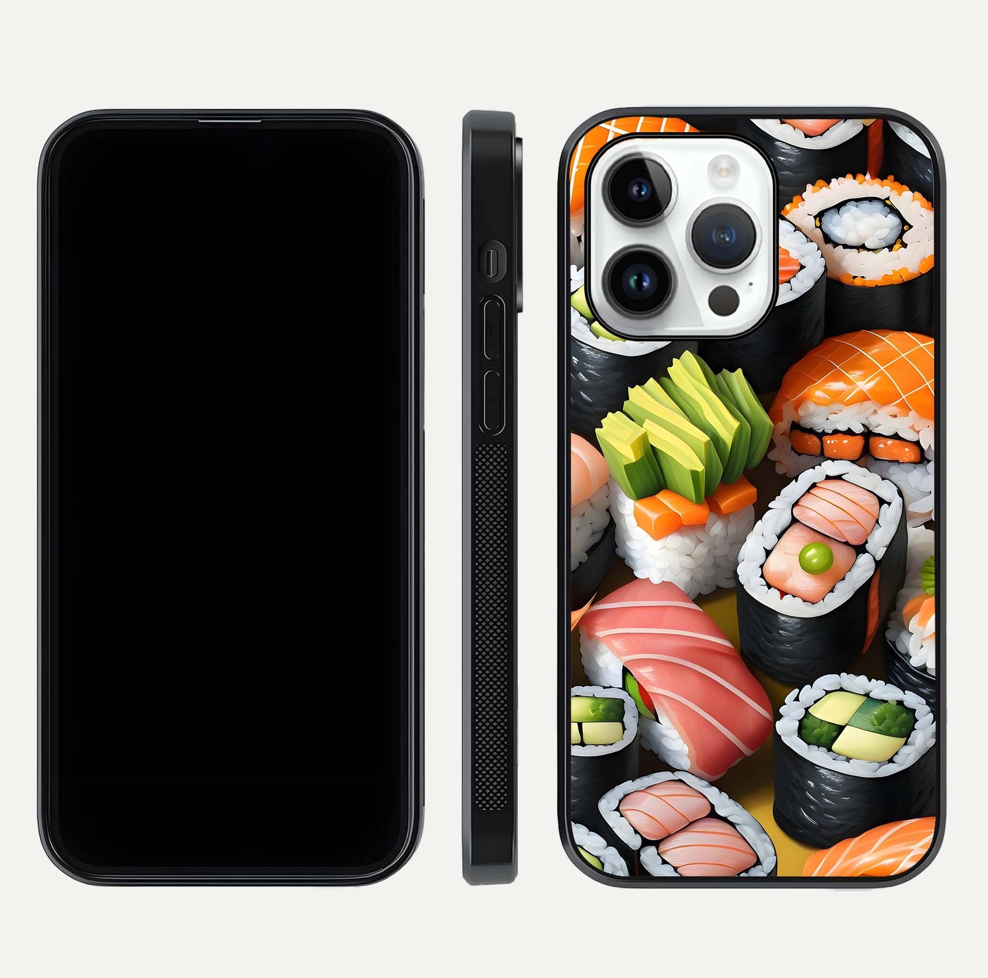 Sushi Food Pattern Glass Case for iPhone 14 Pro front & back layout showing playful food theme and clear edges