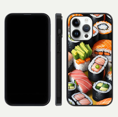Sushi Food Pattern Glass Case for iPhone 14 Pro front & back layout showing playful food theme and clear edges