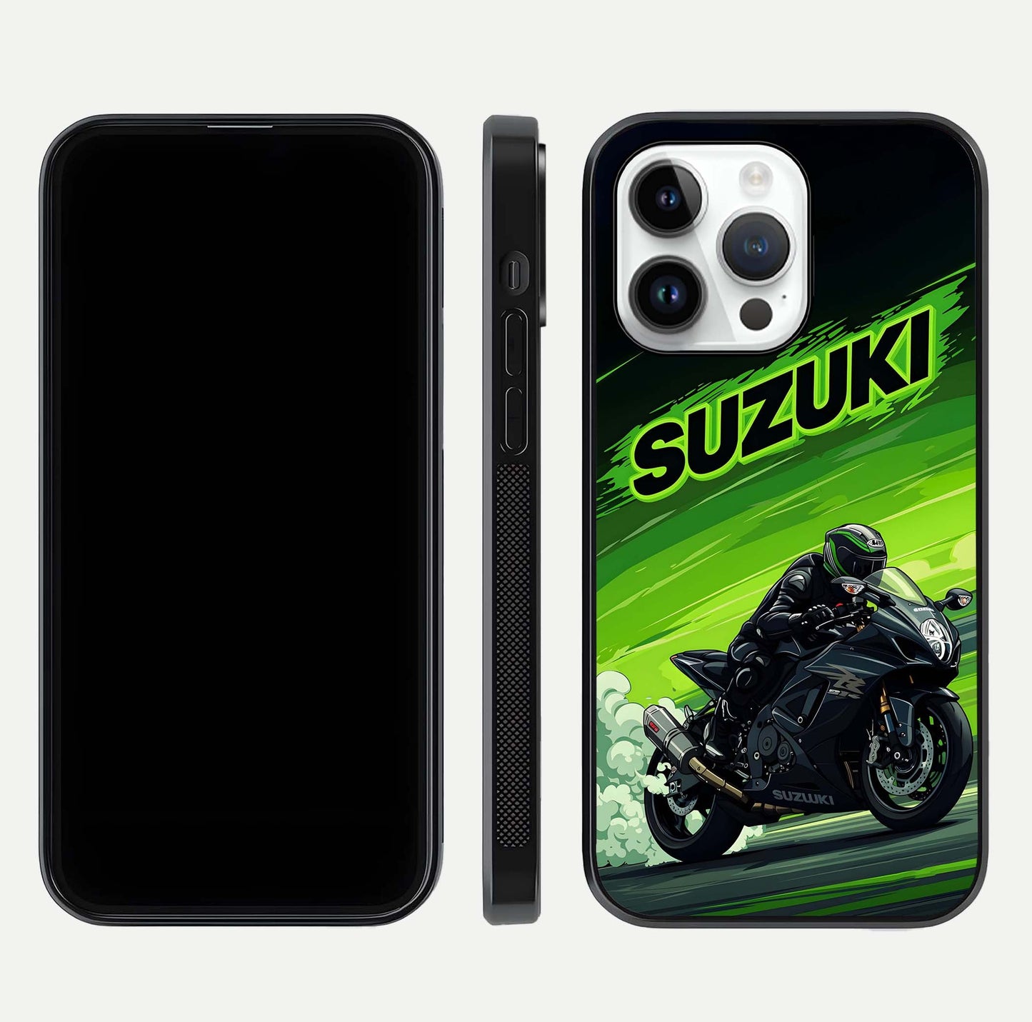 Suzuki Speed Beast Glass Case for iPhone 14 Pro front & back layout showing motion blur and sleek edges