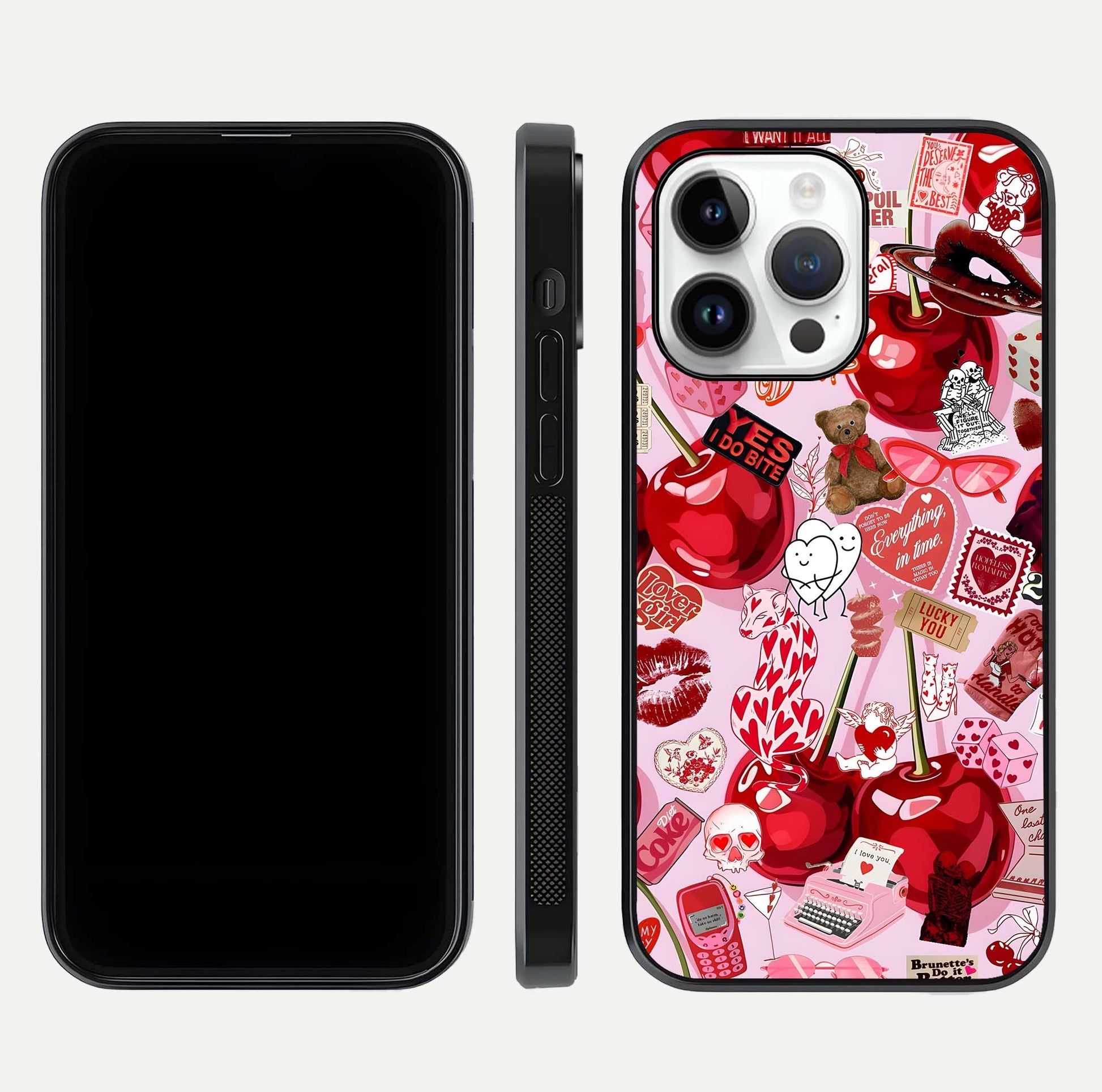 Sweet Cherry Chaos Glass Case for iPhone 14 Pro front & back layout showing vibrant cherries and smooth edges