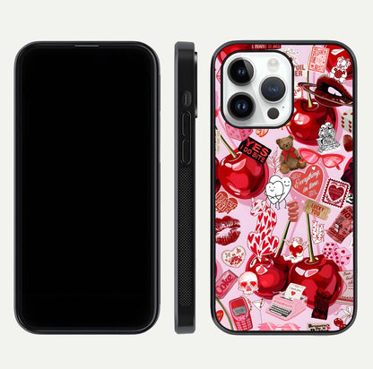 Sweet Cherry Chaos Glass Case for iPhone 14 Pro front & back layout showing vibrant cherries and smooth edges
