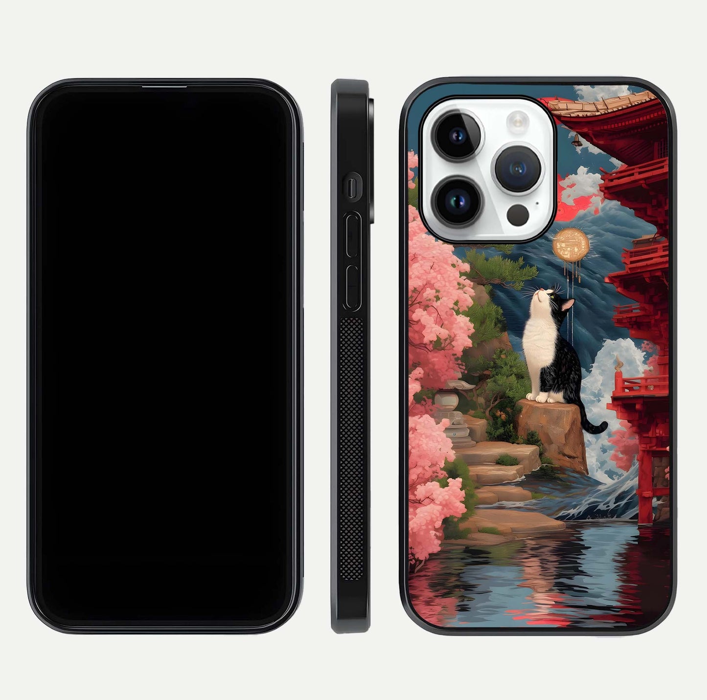 Temple Cat Scenery Glass Case for iPhone 14 Pro front & back layout showing scenic print and edge design