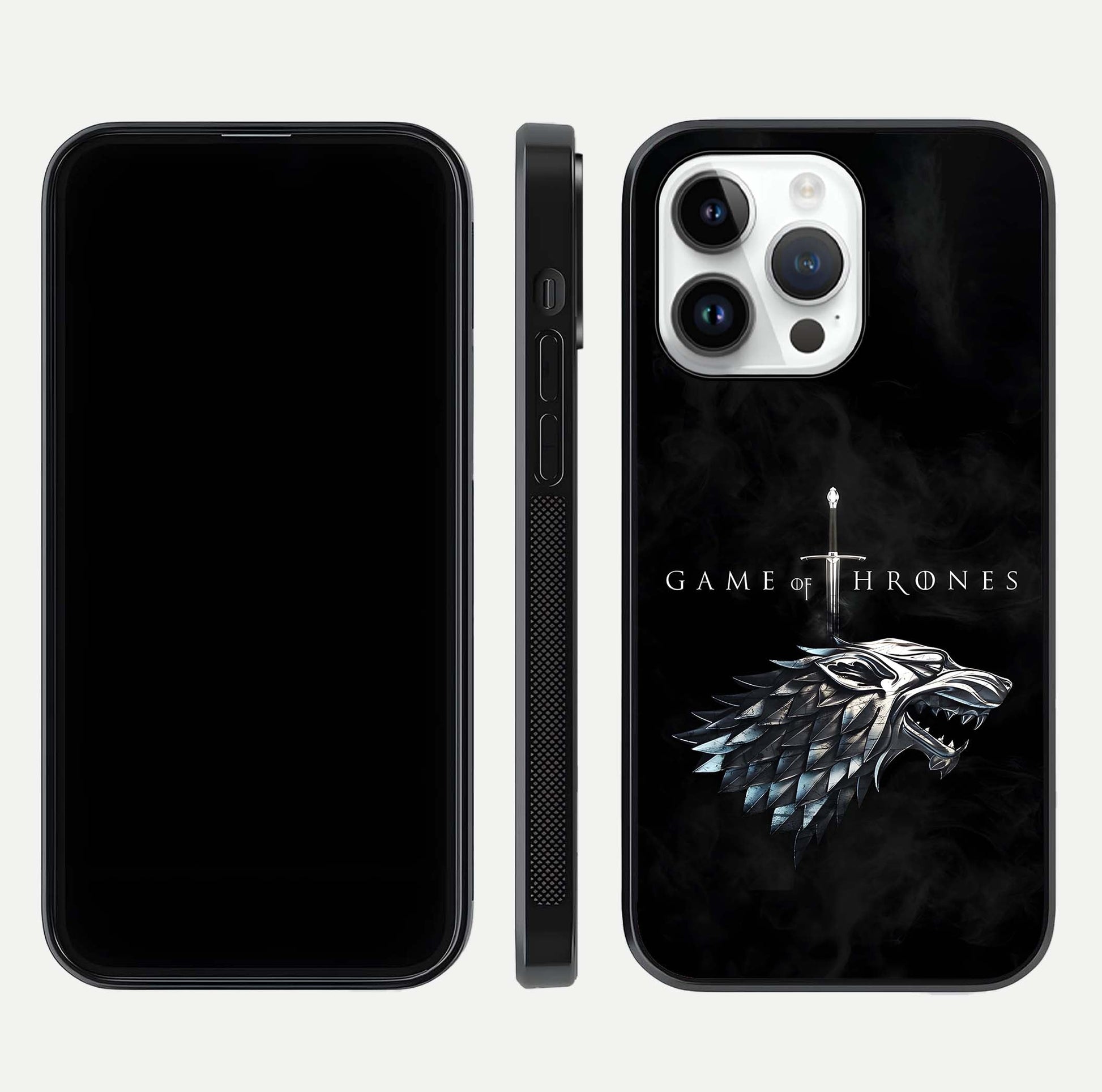 Throne Wolf Legacy Glass Case for iPhone 14 Pro front & back layout showing bold pattern and sharp edge