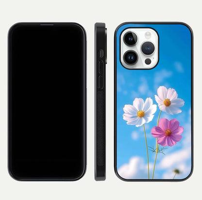 Triple Flowers With Sky Glass Case for iPhone 16 Pro front & back layout showing vivid tones and glossy surface