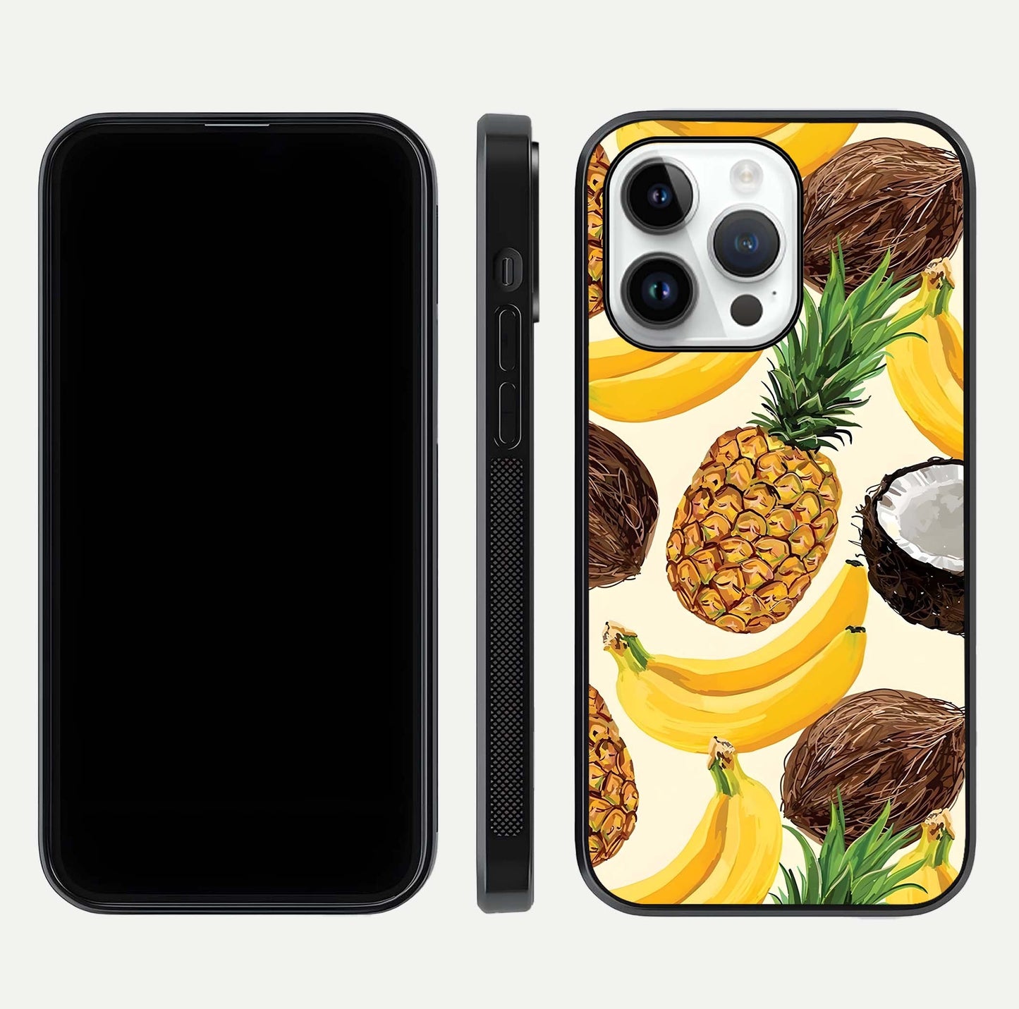 Tropical Fruit Mood Glass Case for iPhone 14 Pro front & back layout showing playful tones and clean edge