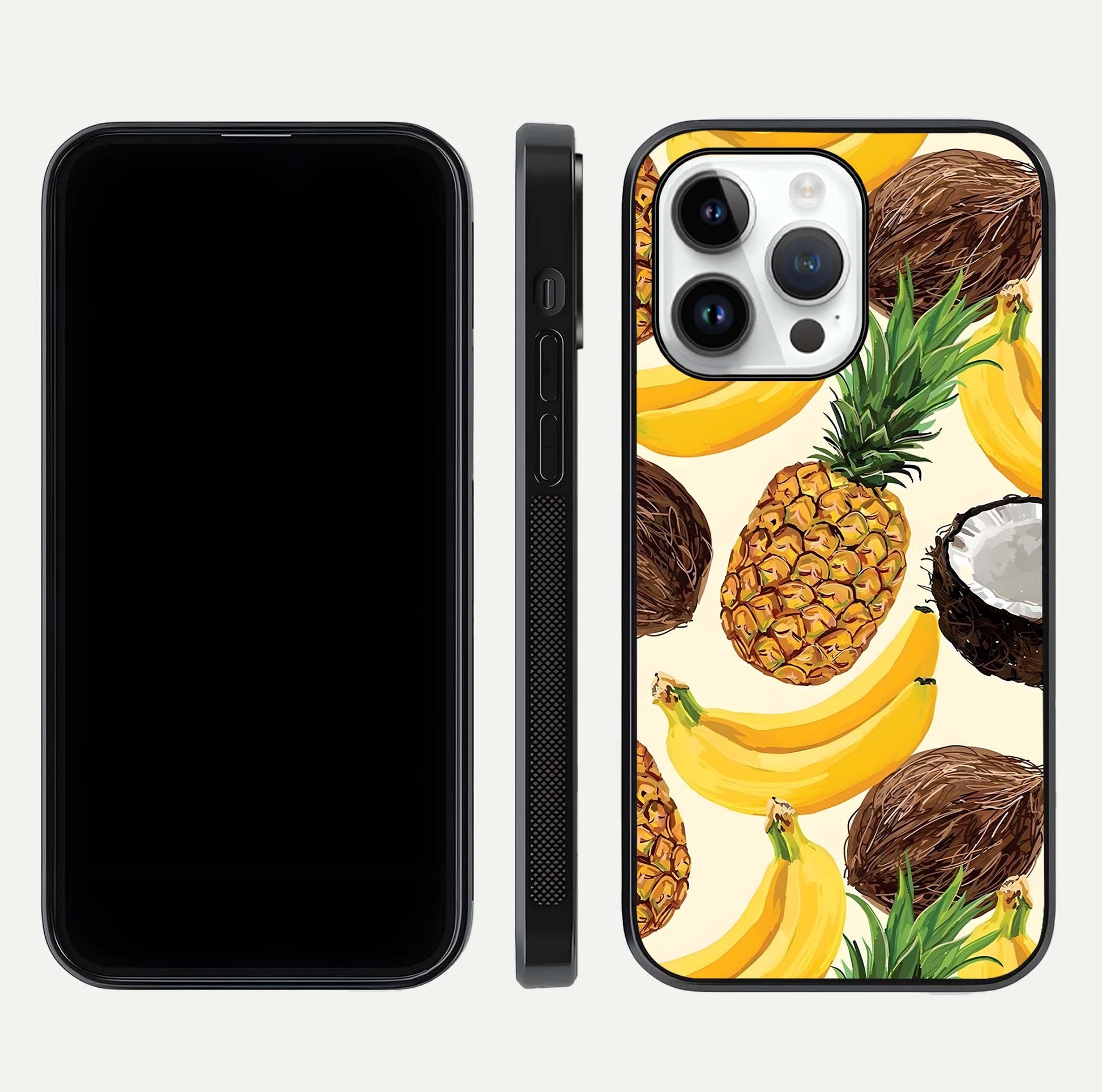 Tropical Fruit Mood Glass Case for iPhone 14 Pro front & back layout showing playful tones and clean edge