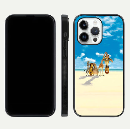 Tropical Fun Squad Glass Case for iPhone 14 Pro front & back layout showing fun pattern and smooth edges