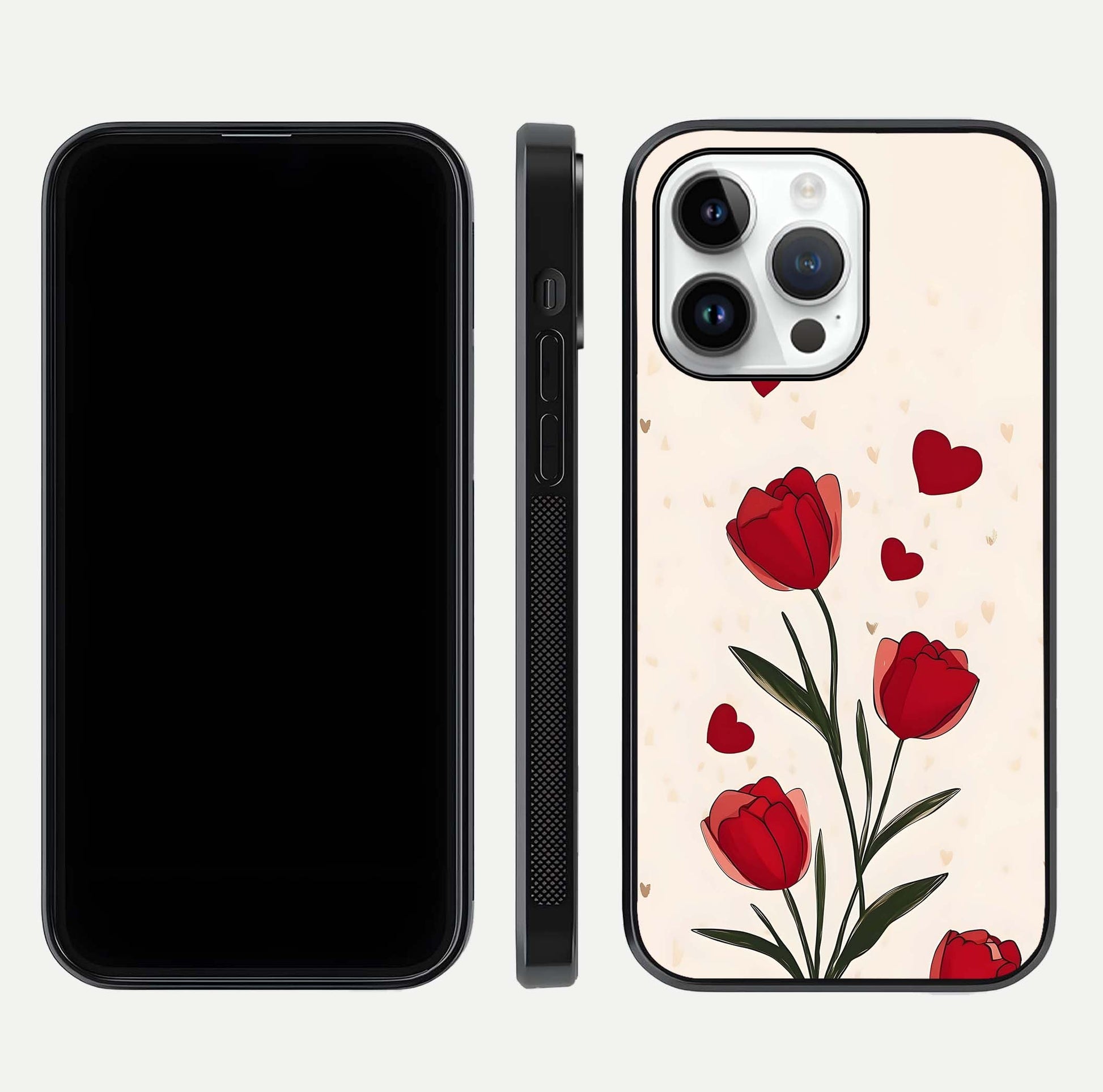 Tulip With Heart Glass Case for iPhone 16 Pro front & back layout showing heart motif and elegant gloss finish