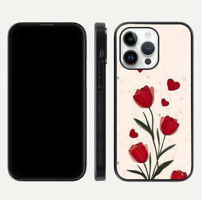Tulip With Heart Glass Case for iPhone 16 Pro front & back layout showing heart motif and elegant gloss finish