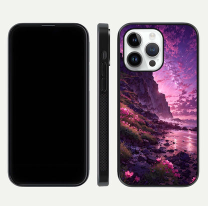 Twilight Blossom Coast Glass Case for iPhone 14 Pro front & back layout showing floral tones and curved edge