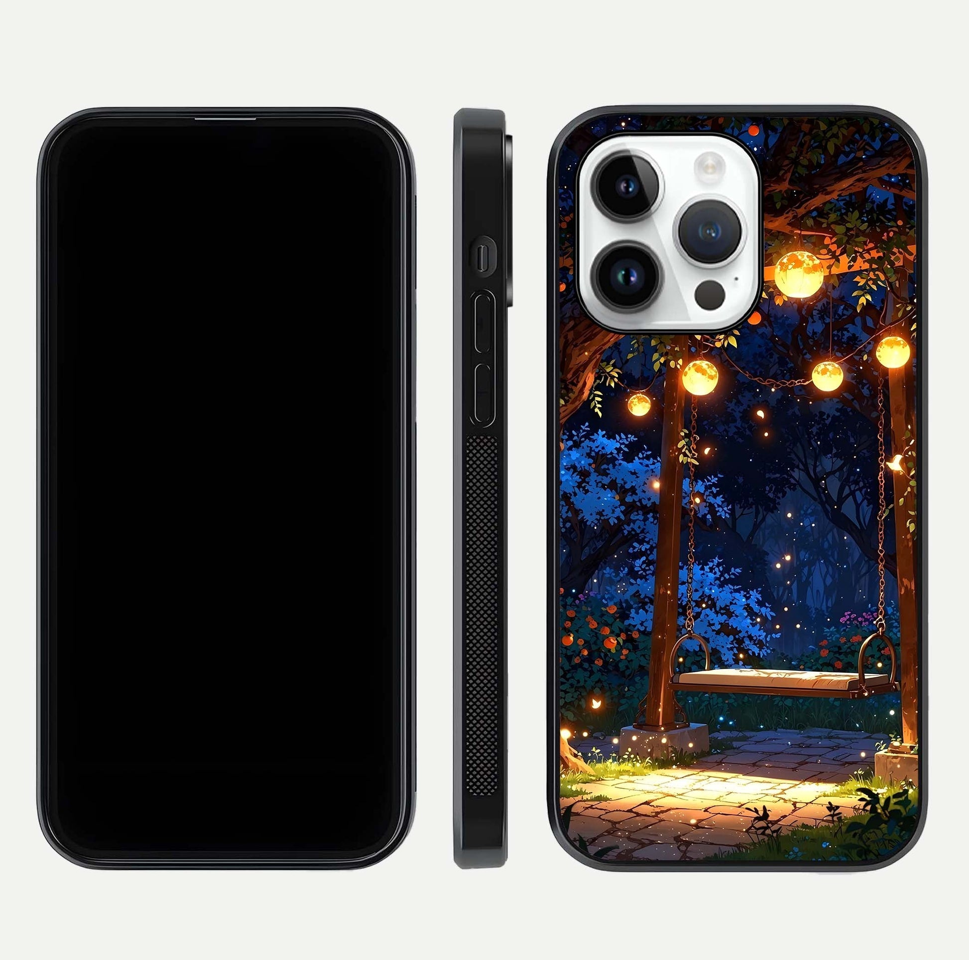 Twilight Garden Swing Glass Case for iPhone 16 Pro front & back layout showing garden art and clean edge
